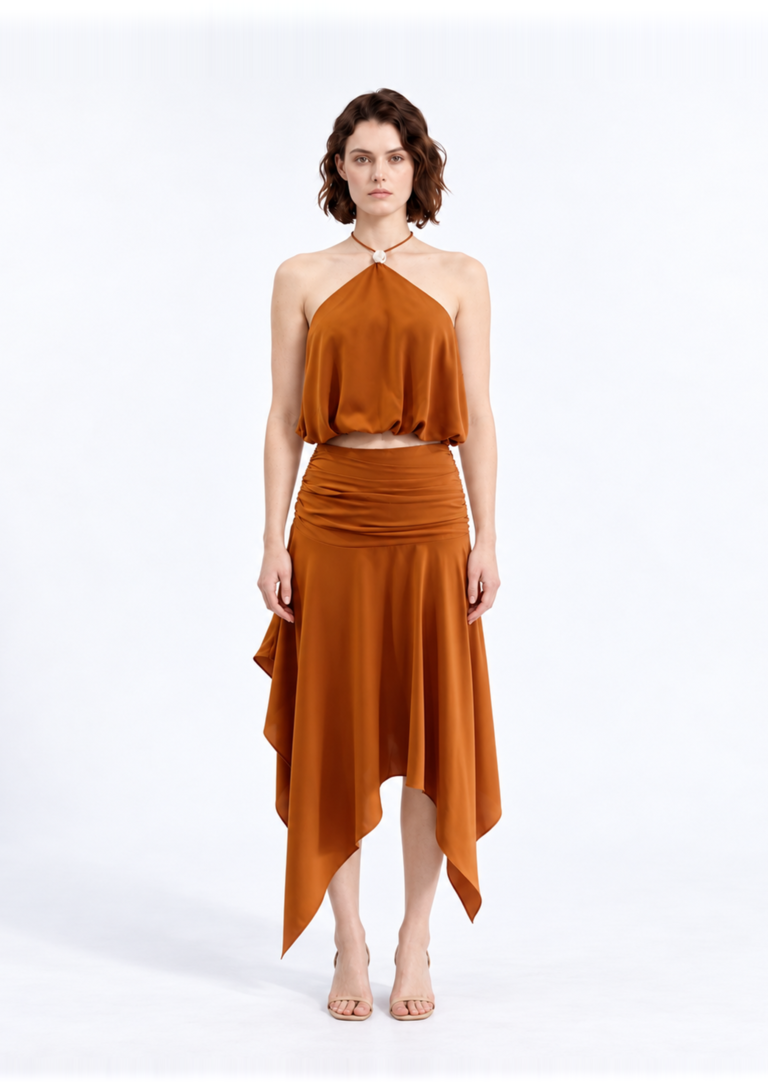 Rust Halter Handkerchief Hem Dress