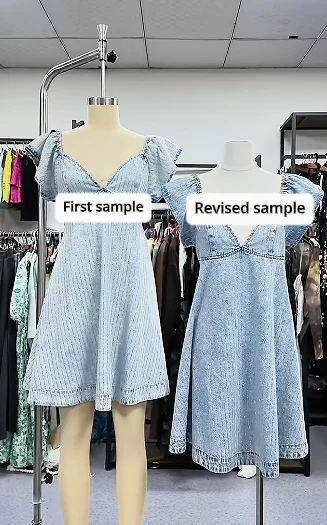 Two dress samples labelled first sample and revised sample