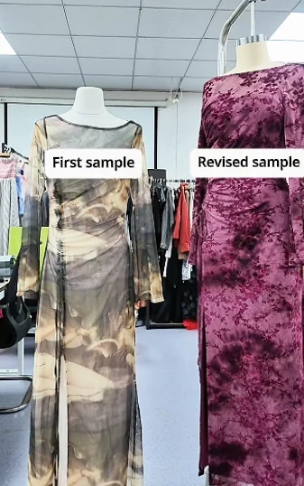 First and revised garment samples with different fabric surfaces
