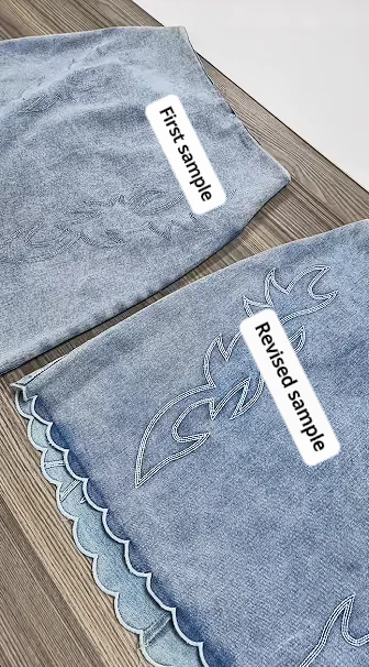 Fabric samples labelled first sample and revised sample