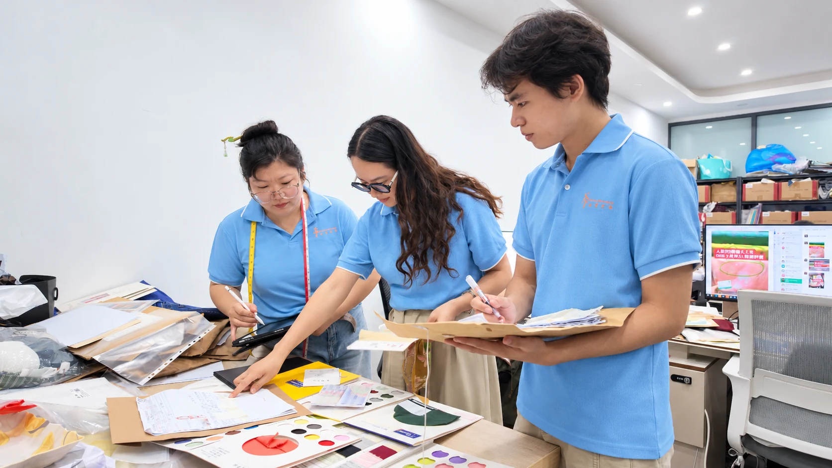 Shengfu womenswear design and development team reviewing fabric swatches and garment specifications