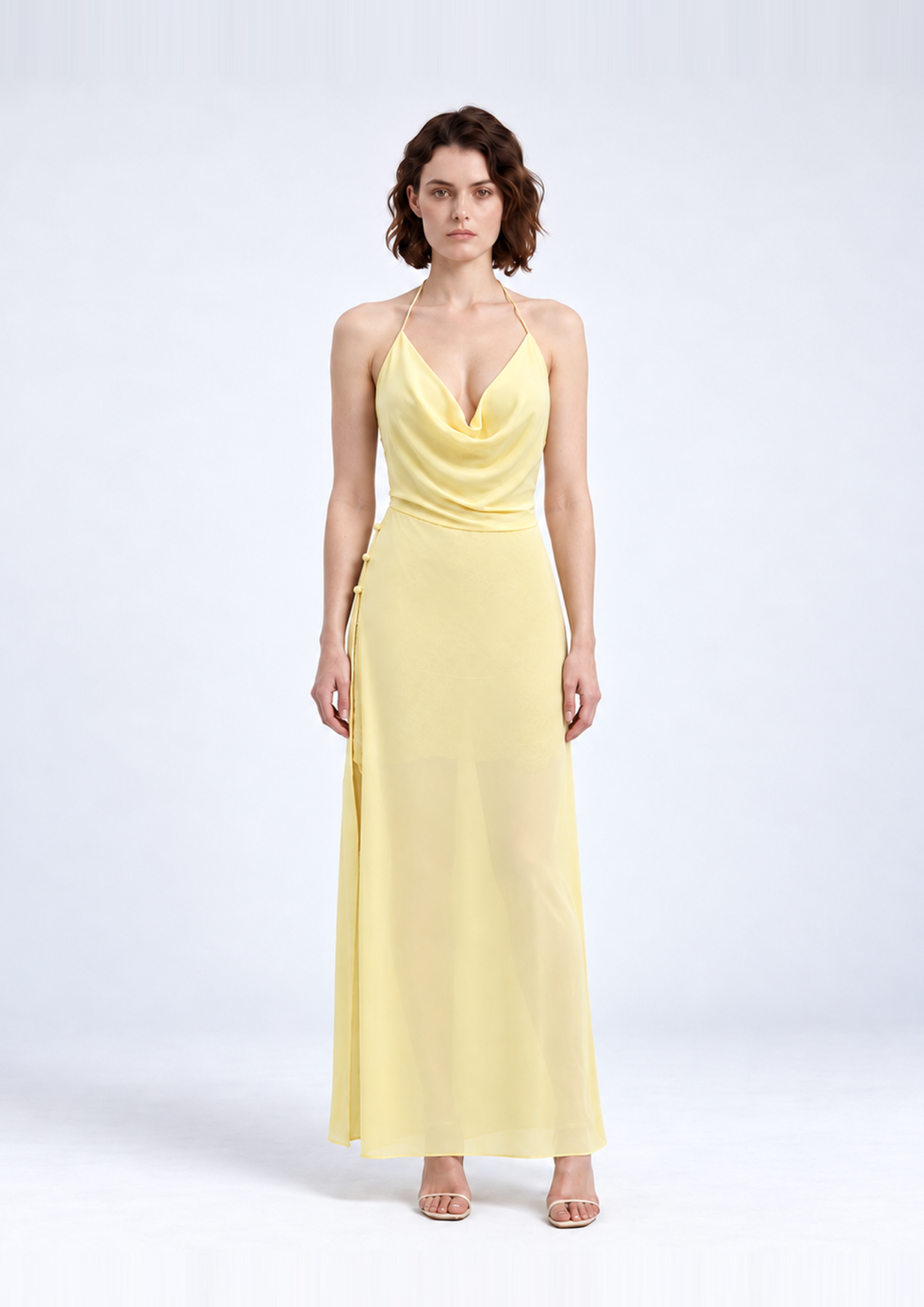 Front view of yellow cowl neck maxi dress, style 02-261027
