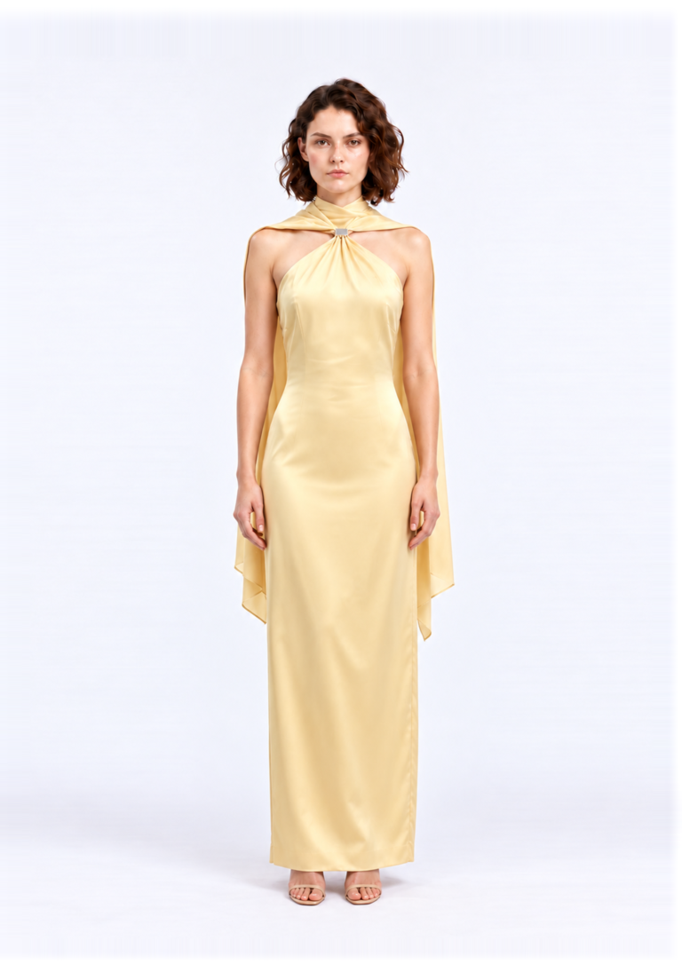 Yellow Halter Maxi Dress with Neck Drape