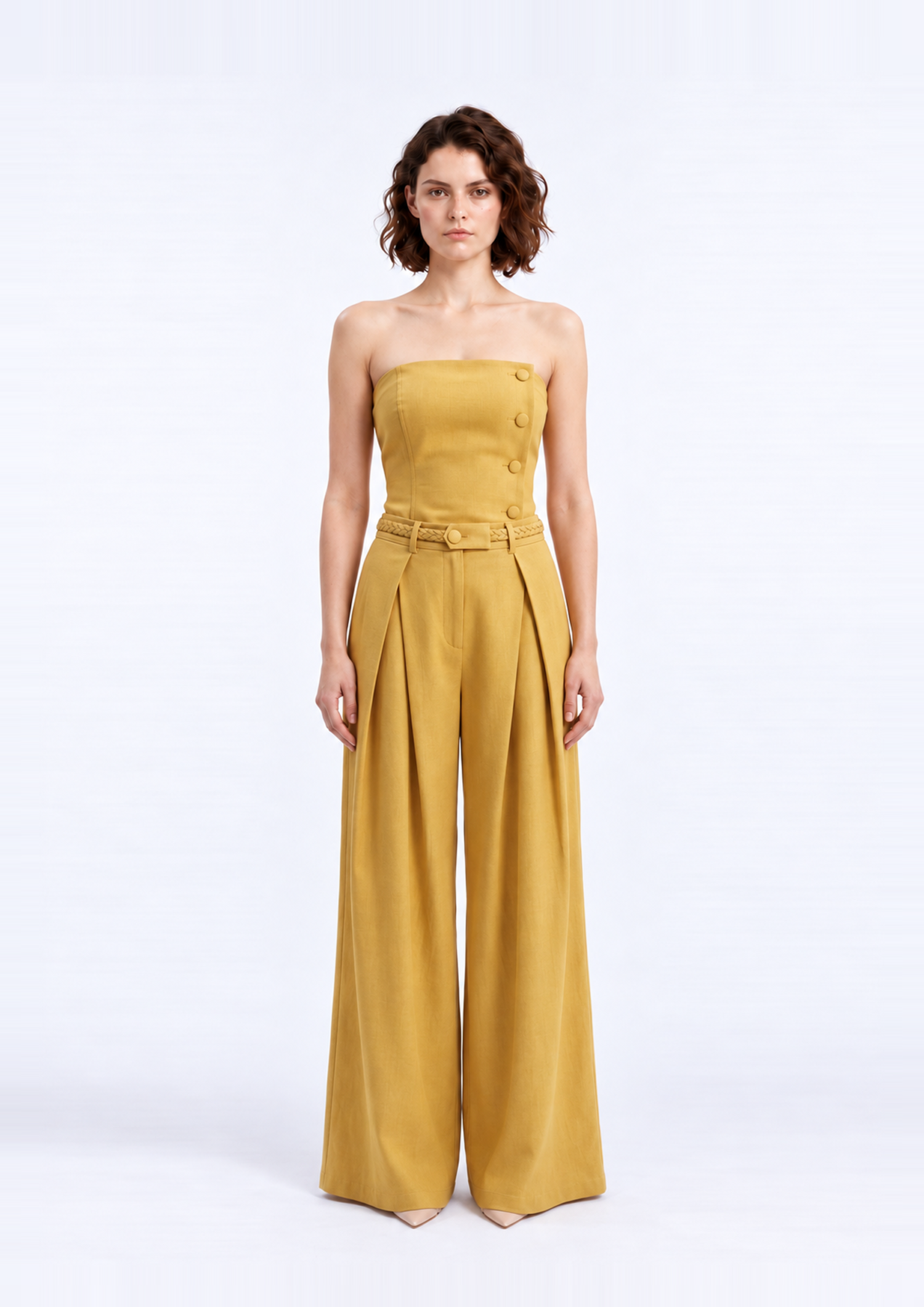 Yellow Strapless Belted Wide Leg Jumpsuit